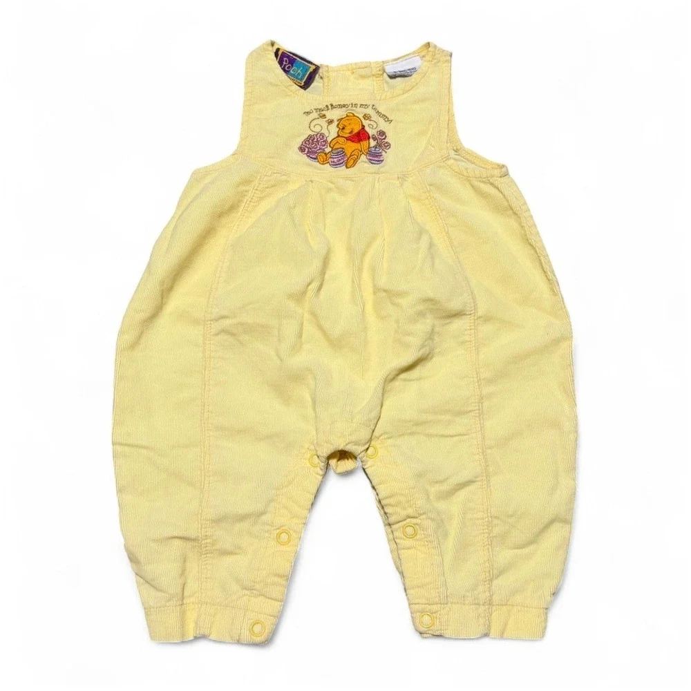 VTG Disney Pooh Baby Corduroy Baggy Romper Yellow 6-9 Months Embroidered